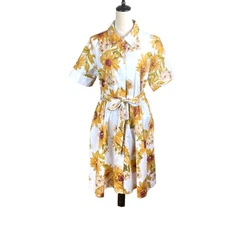 Jason Wu L PETITE Golden Yellow Sunflower Print Belted Fit & Flare Shirt Dress
