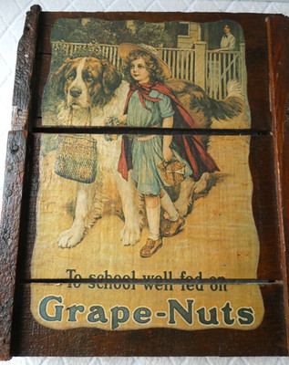 Vintage Antique Grape-Nuts Cereal Advertisement Decopaged On Old Wood 15'' x 12''