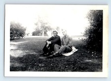 Old Vintage Photo PAIR MEN DUO ARMY SOLDIER NAVY SAILOR SITTING IN PARK SNAPSHOT
