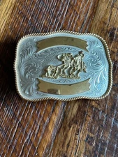Vintage Montana Silversmiths Nickel Western Belt Buckle With Cowboy & Horse Desi