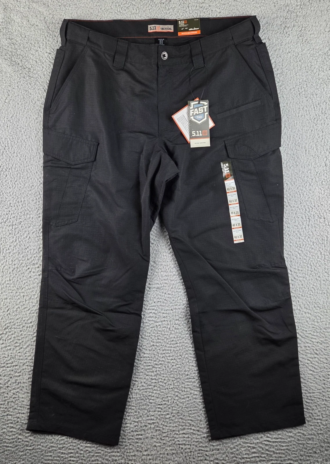 5.11 Tactical Fast-Tac Cargo Pants Mens 40x30 Black Ripstop Regular Fit NWT