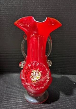 Chinese Plum Blossom Vase Red & White Cased Art Glass w/Splatter Glass 10" VTG