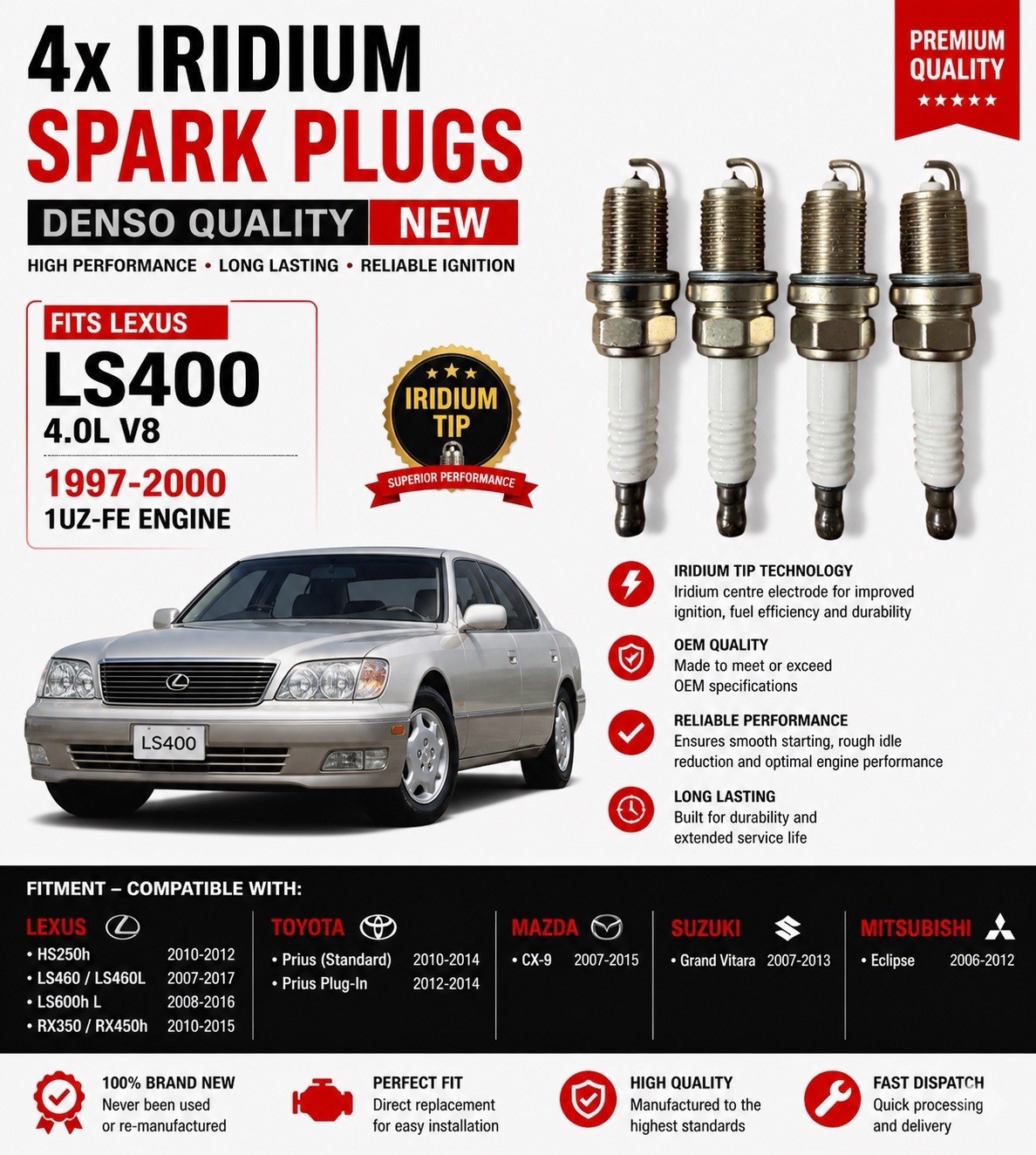 Fits LEXUS LS400 4.0 1997 to 00 1UZ-FE Denso Quality Spark Plugs x4 New Iridium