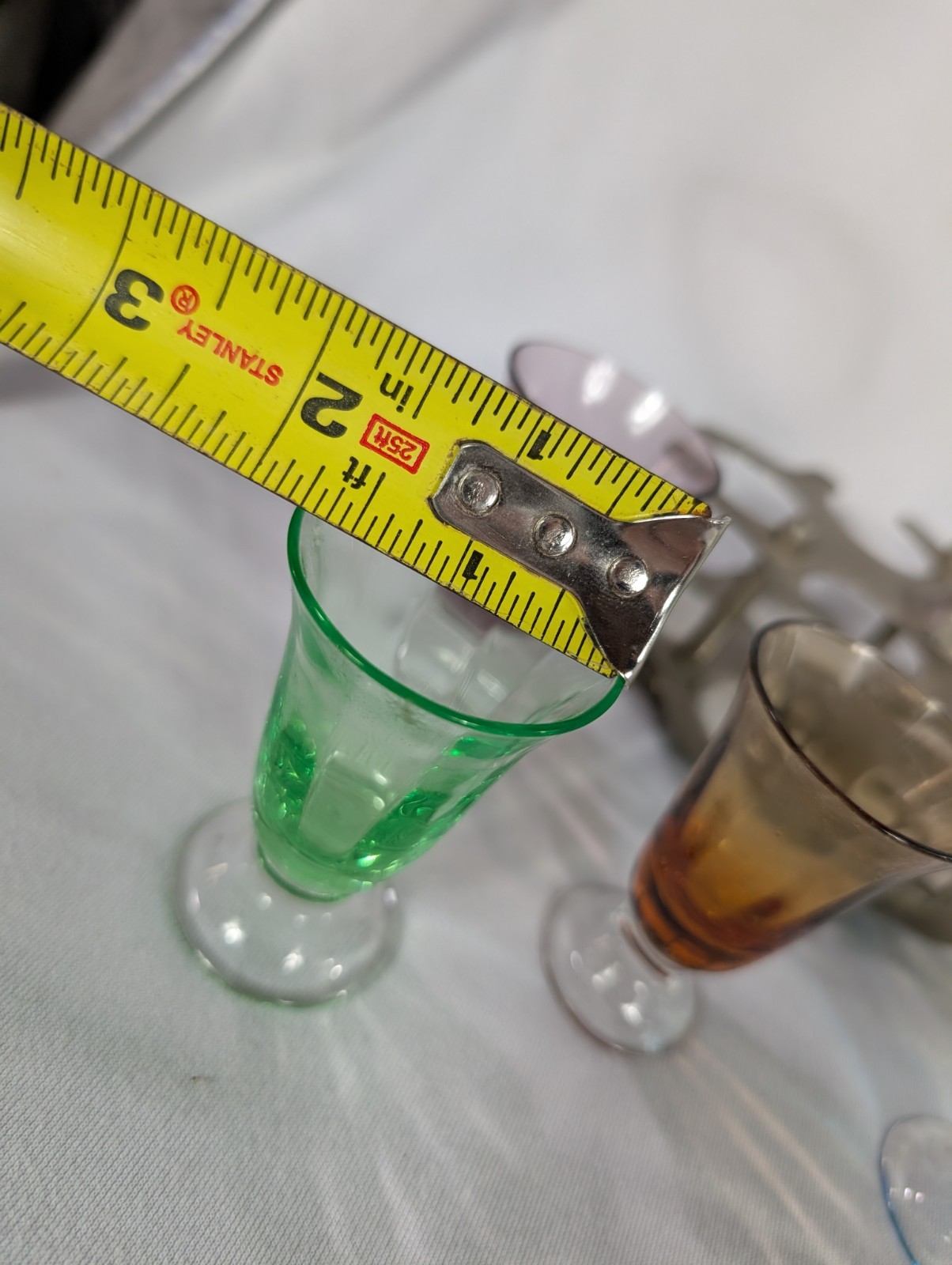 Vtg Colorful Cordial Shot Glass Set With Silver Tone Carrier Uranium Vaseline