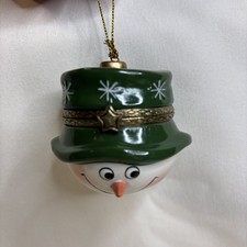 Snowman Green Hat Porcelain Hinged Surprise Gift Trinket Box Christmas Ornament