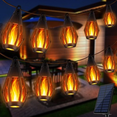 Solar Flame Lights, 27Ft 10 LED Bulbs Flickering Flame String Light, Outdoor ...