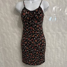 Ambiance Floral Spaghetti Strap Tie Front Bodycon Mini Dress Scoop Neck S