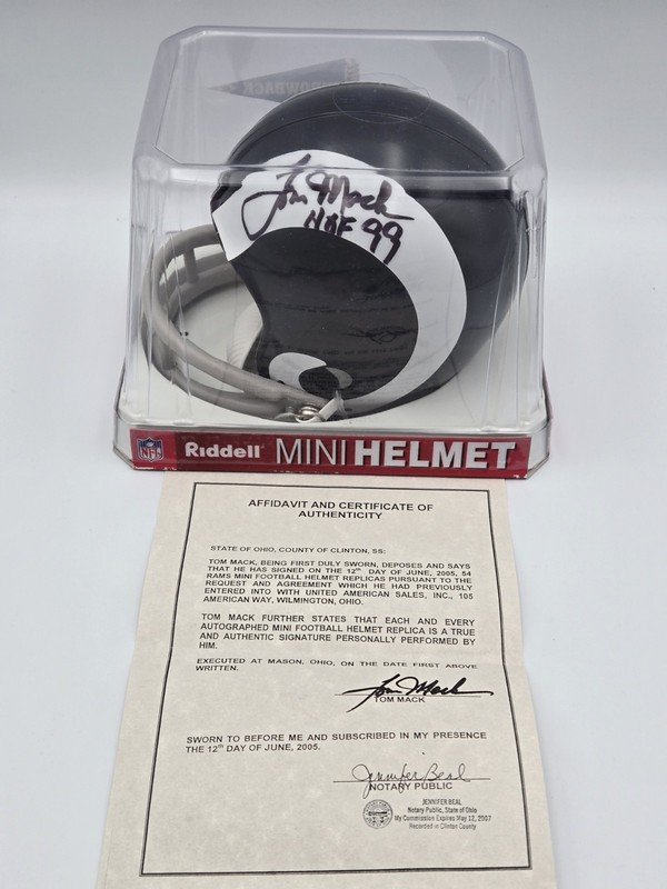 Tom Mack Signed LA Rams Mini Helmet Autographed Notarized Affidavit Case White
