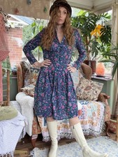 Vintage 1960s Shirt Dress By Deanes Long Sleeve Floral Shorter Fitting Blue 10