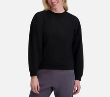 DKNY Women's Long Sleeve Logo Fleece Lined Crewneck Sweatshirt, Black SMALL