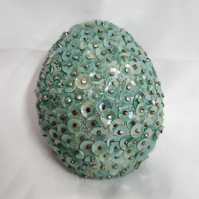 Blue Silver Sequin Beaded Easter Egg Ornament 4in x 3in All-Over Pattern