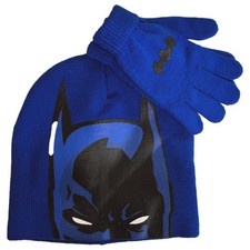 Boys Blue Knit Batman Beanie Stocking Cap Hat Grip Gloves Set