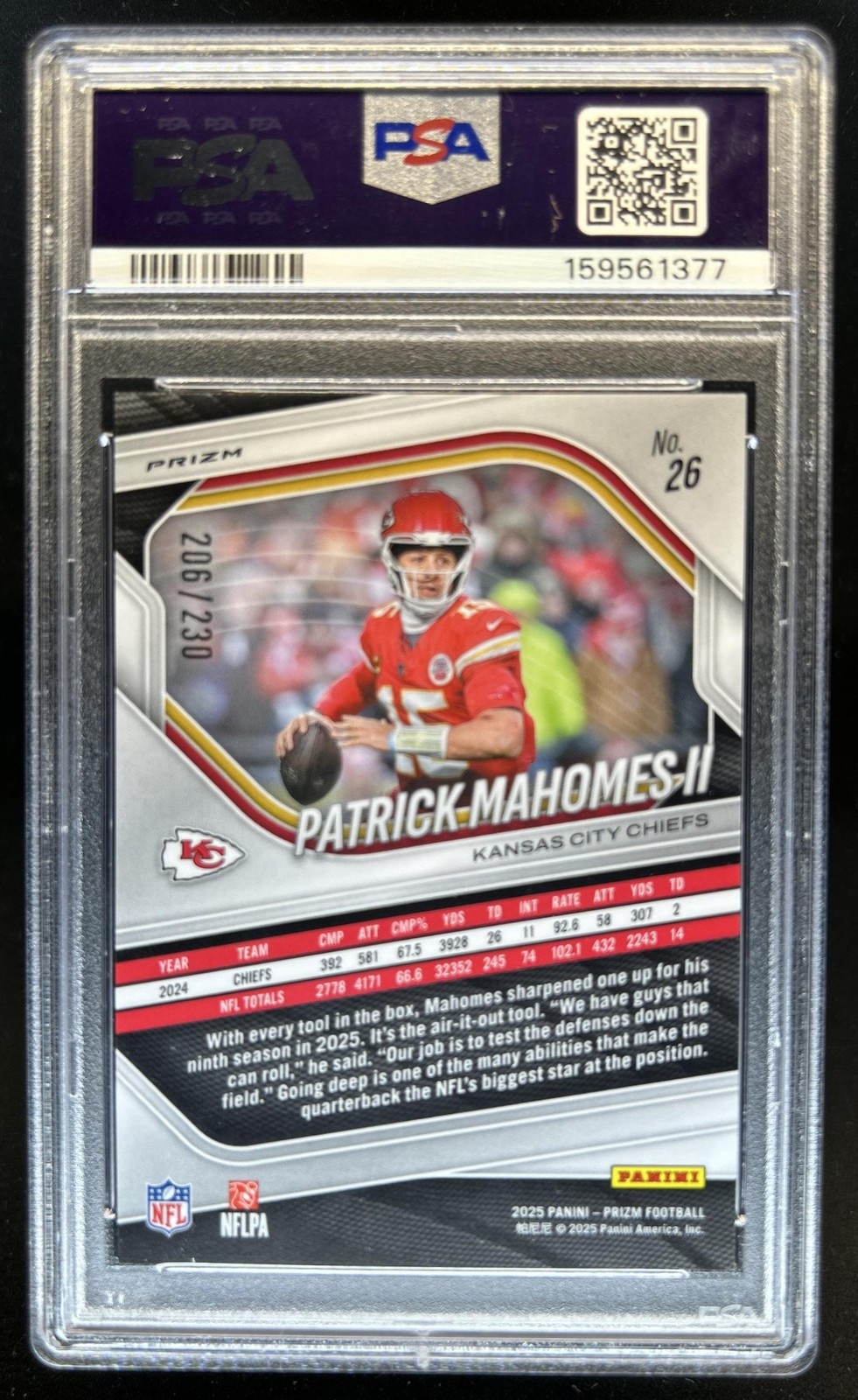 2025 Panini Prizm Patrick Mahomes II Blue Wave #/230 Chiefs PSA 10 GEM MINT view 2