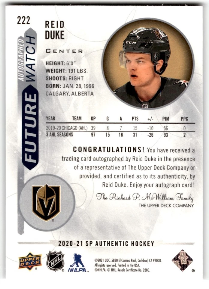 2020-21 SP Authentic Future Watch Reid Duke Rookie Auto /999 #222 Vegas Golden - Image 2 of 2