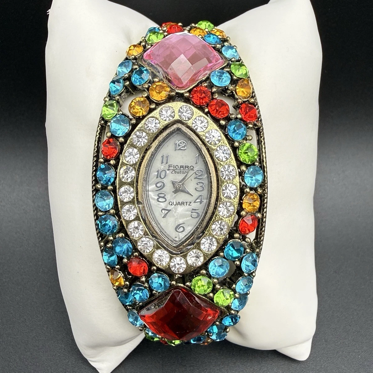 Figaro Couture Purple Rhinestone Flower Hinged Cuff Bracelet Watch 6253 Quartz Figaro Couture Wristwatches for sale | eBay main image 3