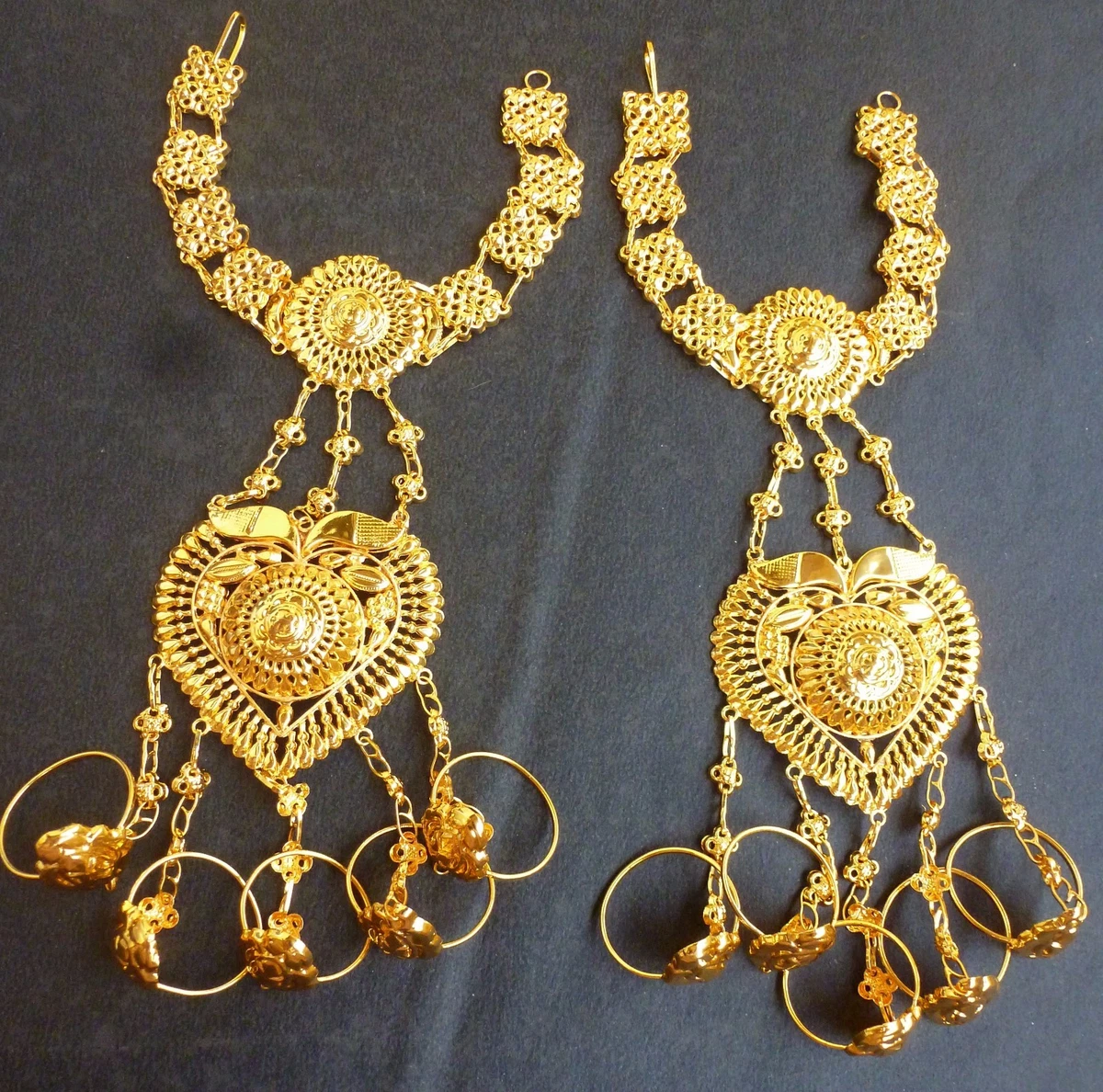 22K Wedding Net Bridal Pair Hath panja Filigree Gold Plated 5 Rings Bracelets
