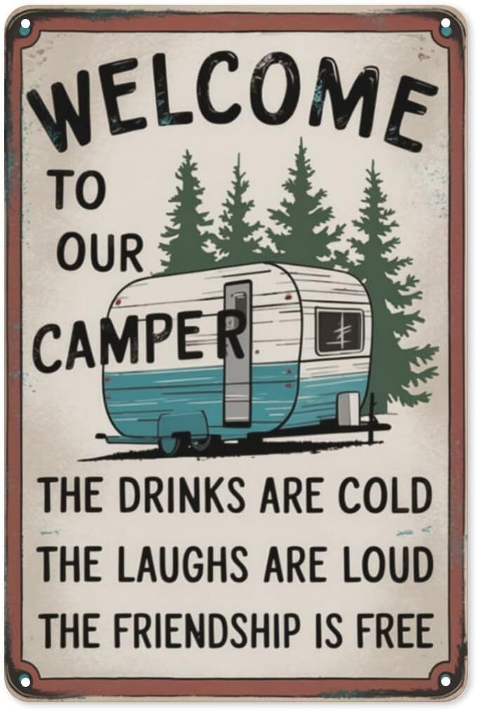 Rustic Campfire Welcome Metal Tin Sign 8x12 Inch for RV Glampsite Wall Decor