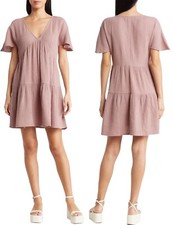 MADEWELL Women's Pink Lightspun Popover Tiered Mini Dress XS NF935 New