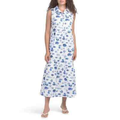 RACHEL ZOE WHITE DENIM Fish Print Maxi Shirt Dress White Blue Size XL