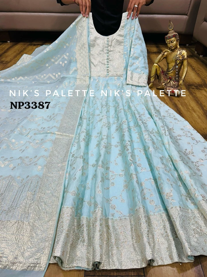 Premium Banarsi jacquard gown with self weaving all over with work on yoke paire - Image 2 of 4