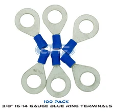 (100 PACK) 3/8" 16-14 GAUGE AWG BLUE CAR POWER WIRE RING TERMINALS CONNECTORS