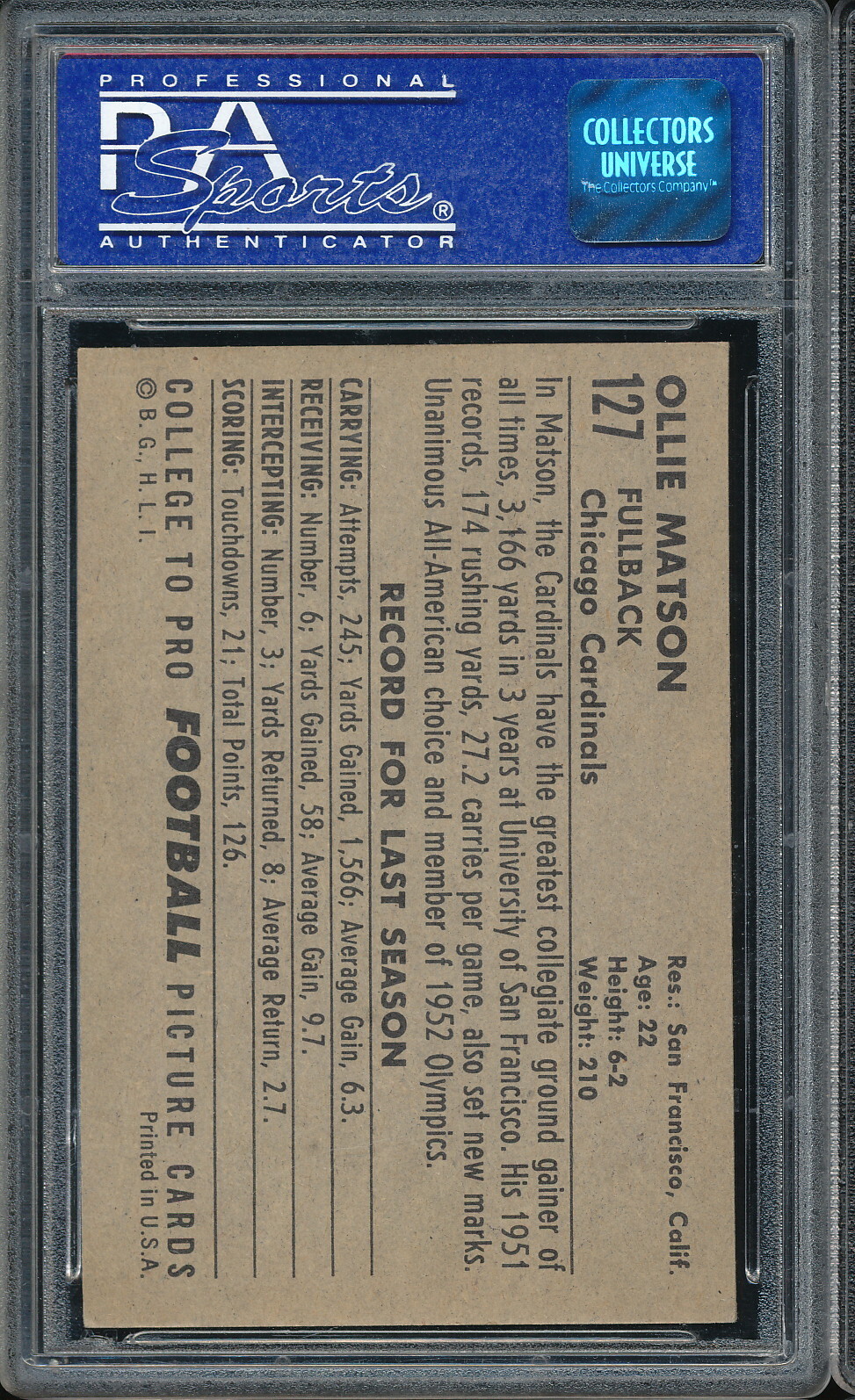 1952 Bowman Large Ollie Matson RC #127 PSA 7 - Chicago Cardinals - Picture 2 of 2