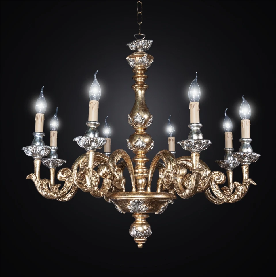 Lampadario legno artistico classico 8 luci FOGLIA ORO e ARGENTO MODELLO AGATA - Immagine 2 di 4