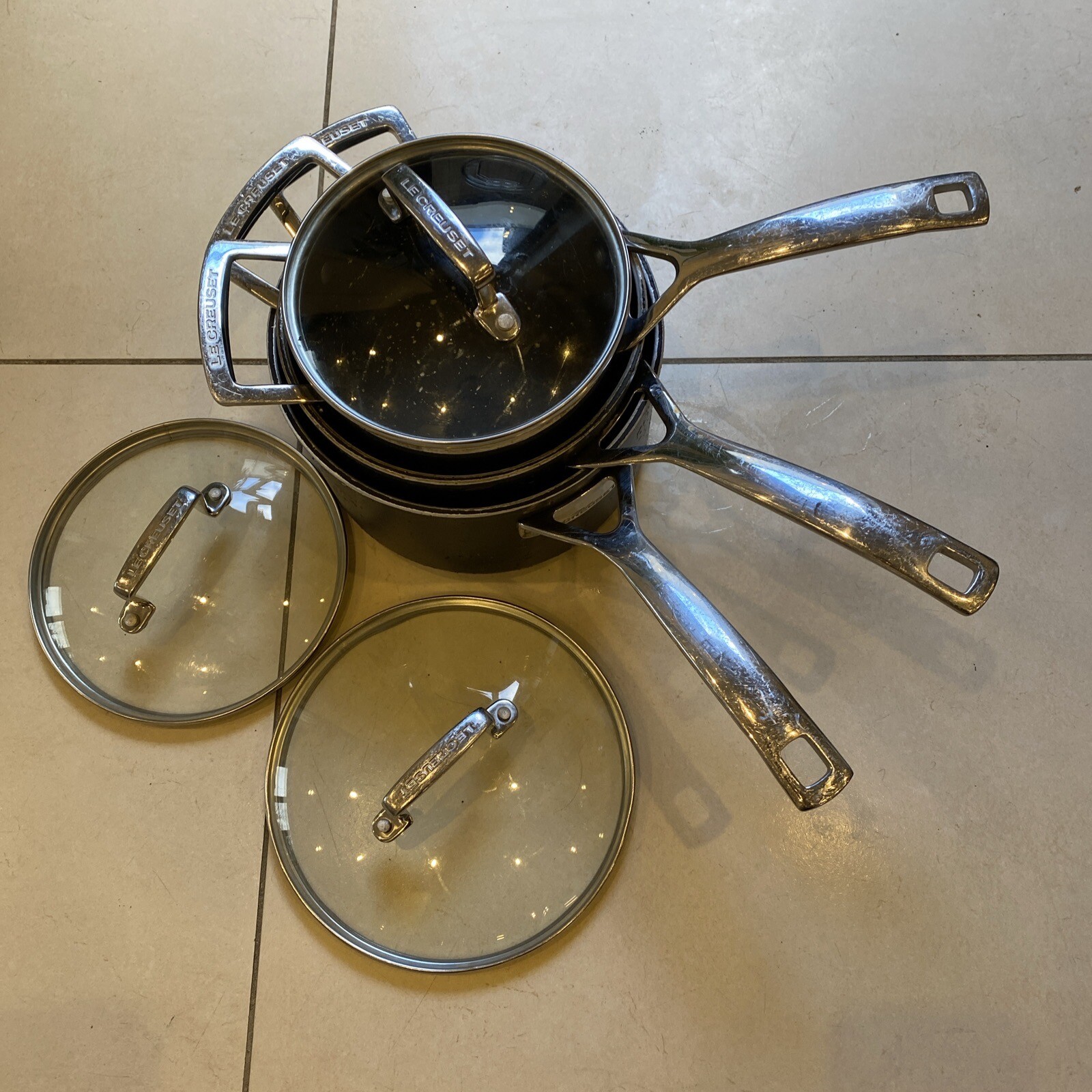 3x LE CREUSET Stainless Steel INDUCTION, GAS & ELECTRIC Lidded Pan Set