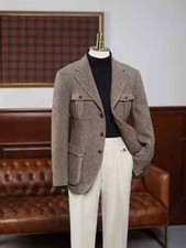 Business Men Jackets Single Breasted Slim Fit Wool Blend Office Work Herringbone