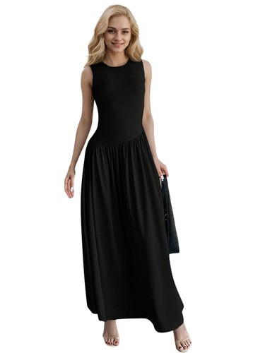 Women's Solid Color Round Neck Sleeveless Ruched Waist Long Dress NEW - Picture 12 of 14