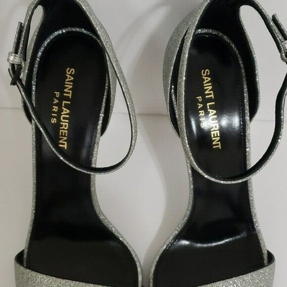 Nuovi sandali Saint Laurent in pelle argento ambra taglia 39 5 prezzo al pubblico $795