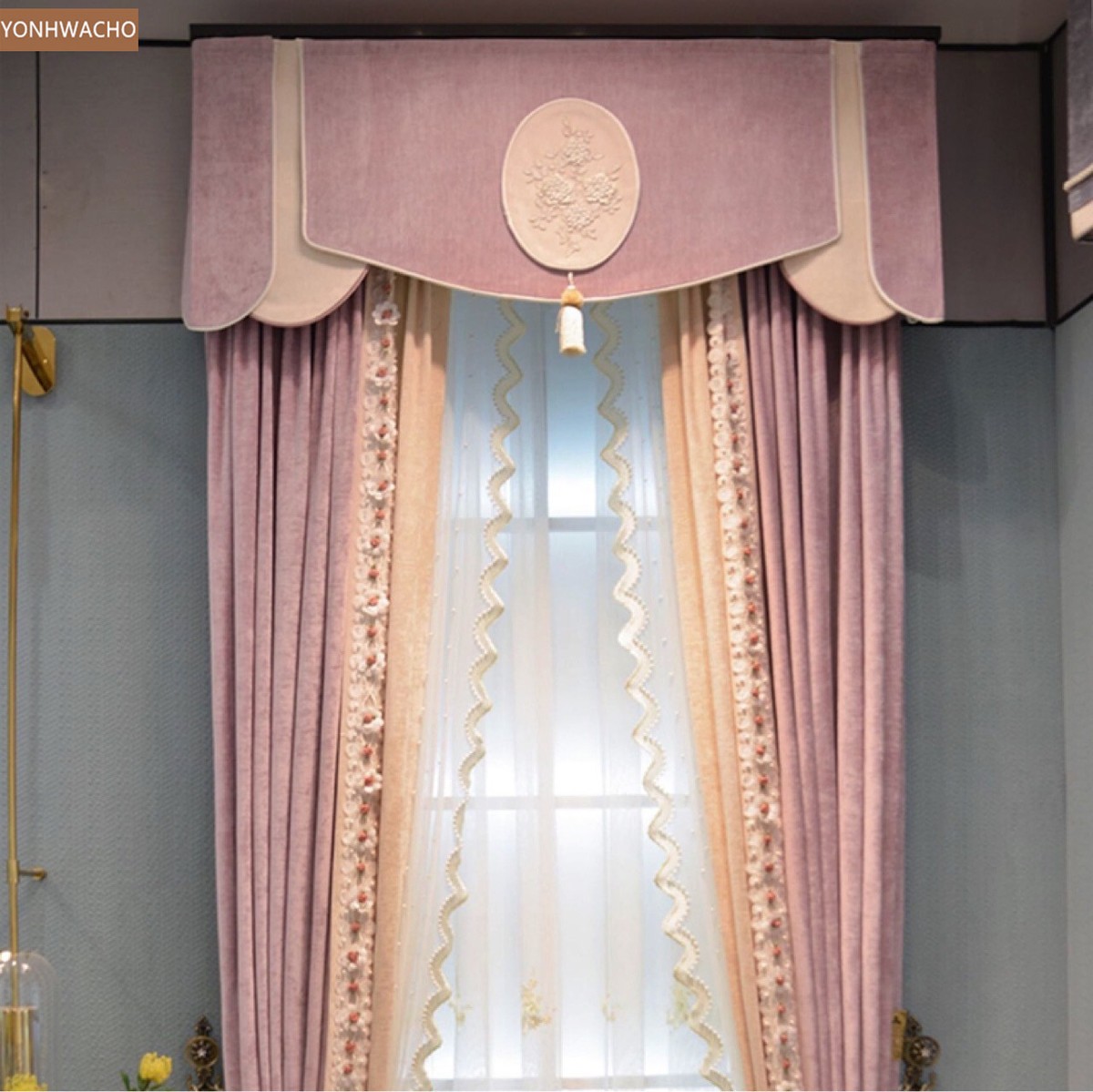 Custom luxury chenille pink thick cloth blackout curtain valance
