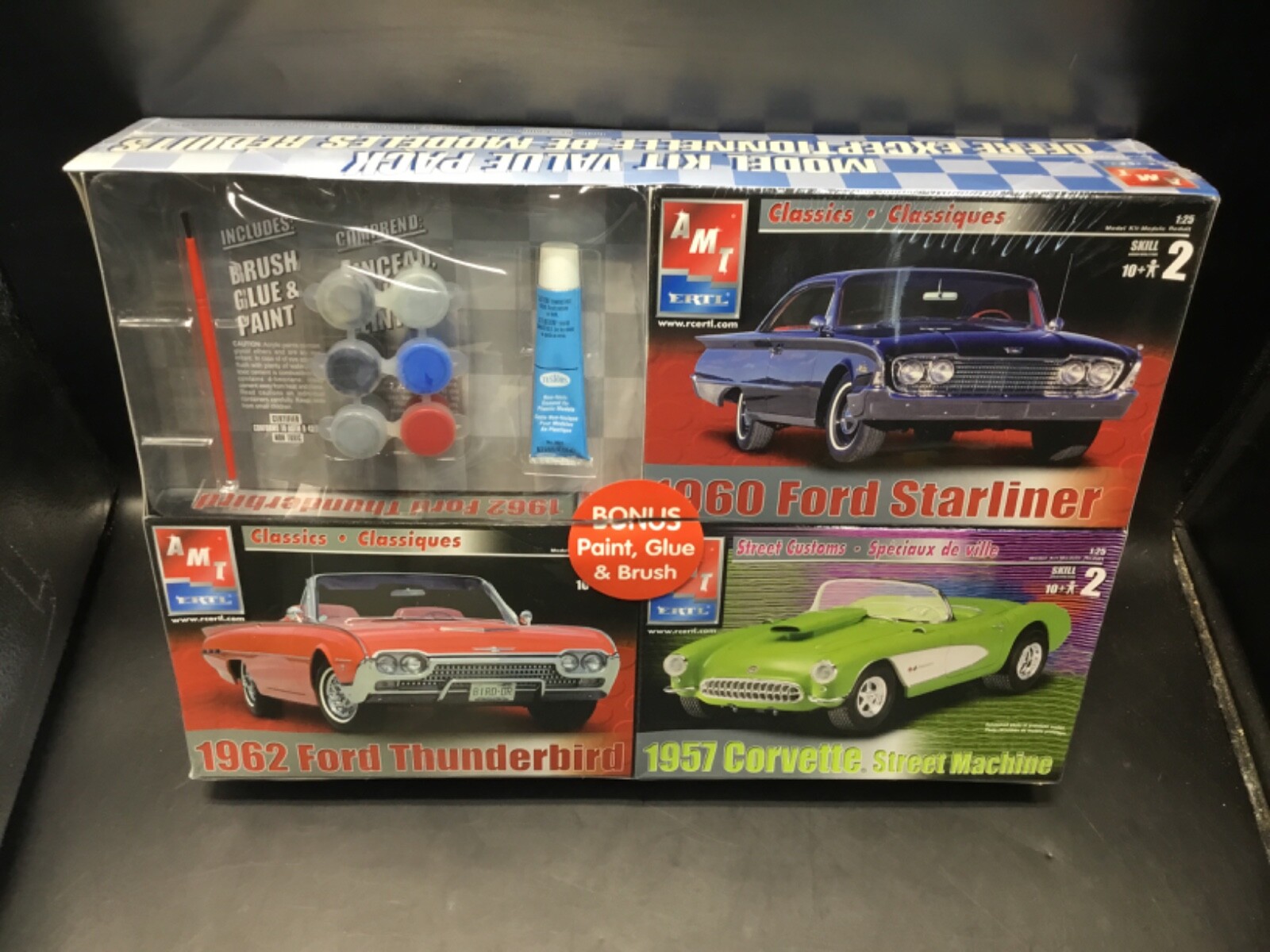 Set of (3) Model Kit Value Pack 3 125 Scale Kits + Glue & Paint [AMT