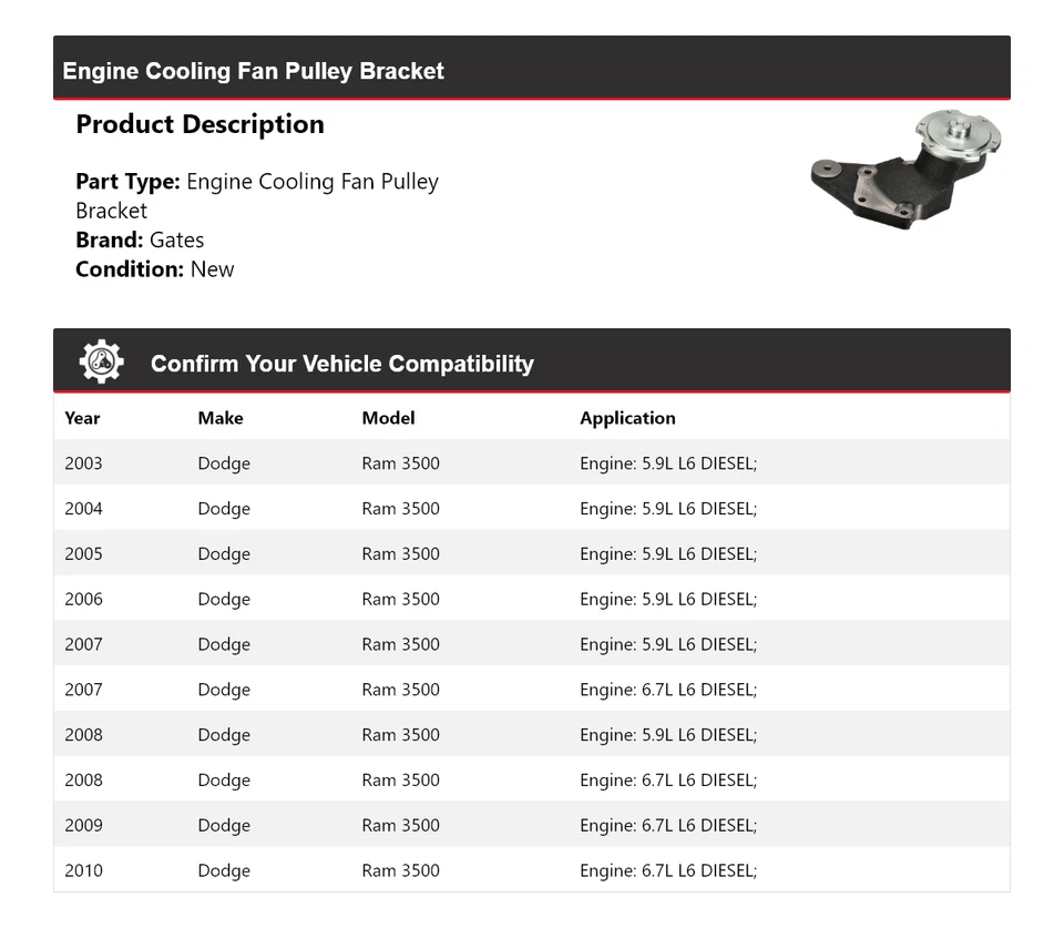 Para Dodge Ram 3500 2003-2010 Motor Ventilador Polea Soporte Puertas 2004 2005 Foto 2 de 4