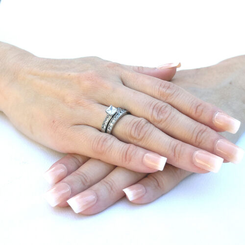 3 PCS All Stainless Steel His Hers Engagement Wedding Matching Band Ring Set - Picture 5 of 9