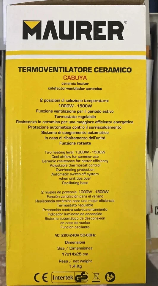 Termoventilatore Ceramico Cabuya 1000-1500W 2 Temp. Termos. Regolabile Rotante - Immagine 2 di 3