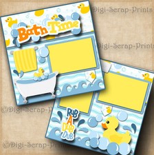 BATH TIME baby 2 premade scrapbook pages paper piecing layout DIGISCRAP A0083