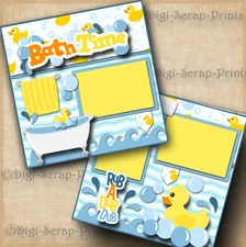 BATH TIME baby 2 premade scrapbook pages paper piecing layout DIGISCRAP #A0083