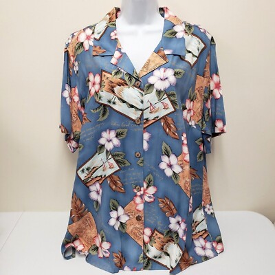 White Stag Womens Hawaiian Shirt Floral Sailboat Button Up Top Size 18W 20W