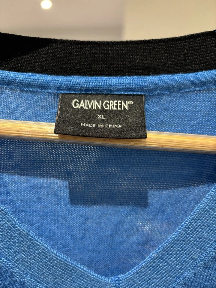 GORGEOUS GALVIN GREEN BLUE V-NECK WOOL BLEND GOLF JUMPER -SIZE EXTRA LARGE / XL - Image 2 of 4