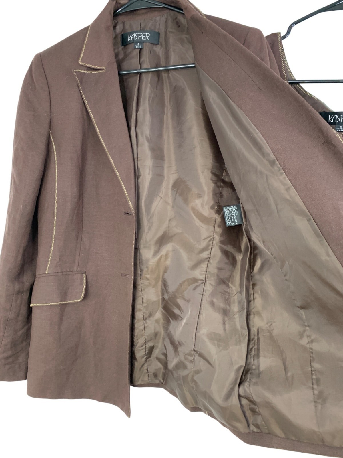 Kasper Womens Brown Linen Blazer & Tank Top Set With Gold Trim Size 6 RAA10436