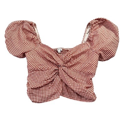 Rabbit Rose Red Gingham Twist Front Puff Sleeve Crop Top County Fair Western