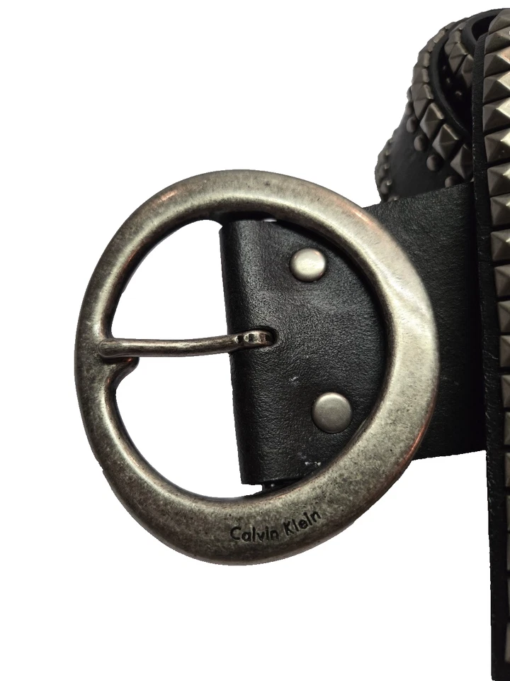 VINTAGE CALVIN KLEIN BELT BLACK LEATHER STUDDED Women Y2K Chunky - Image 3 of 4
