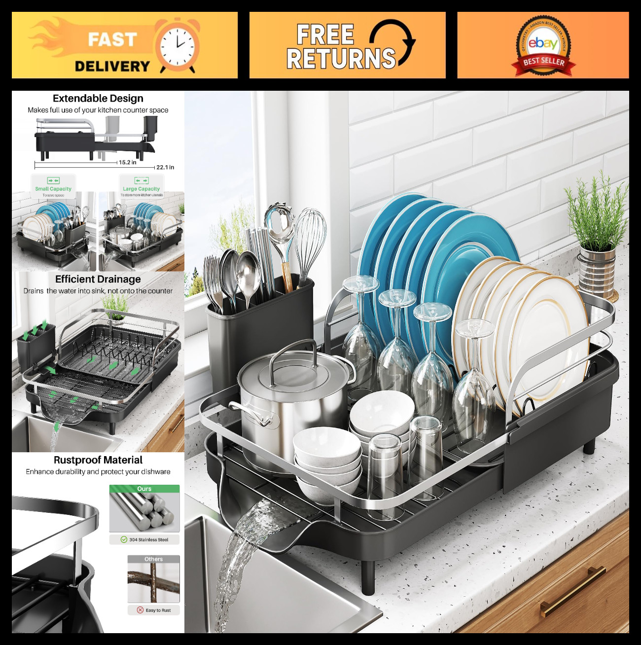 Expandable Stainless Steel Dish Drying Rack with Drainboard & Utensil Holder - B