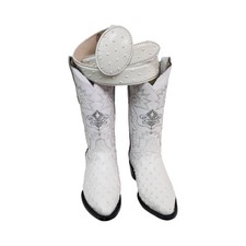 Men's Cowboy Ostrich  Print Leather Western J Toe Boots With Matching Belt