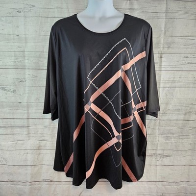 Ulla Popken Womens Top Sz 36 Black Pink Embellished 3/4 Sleeve