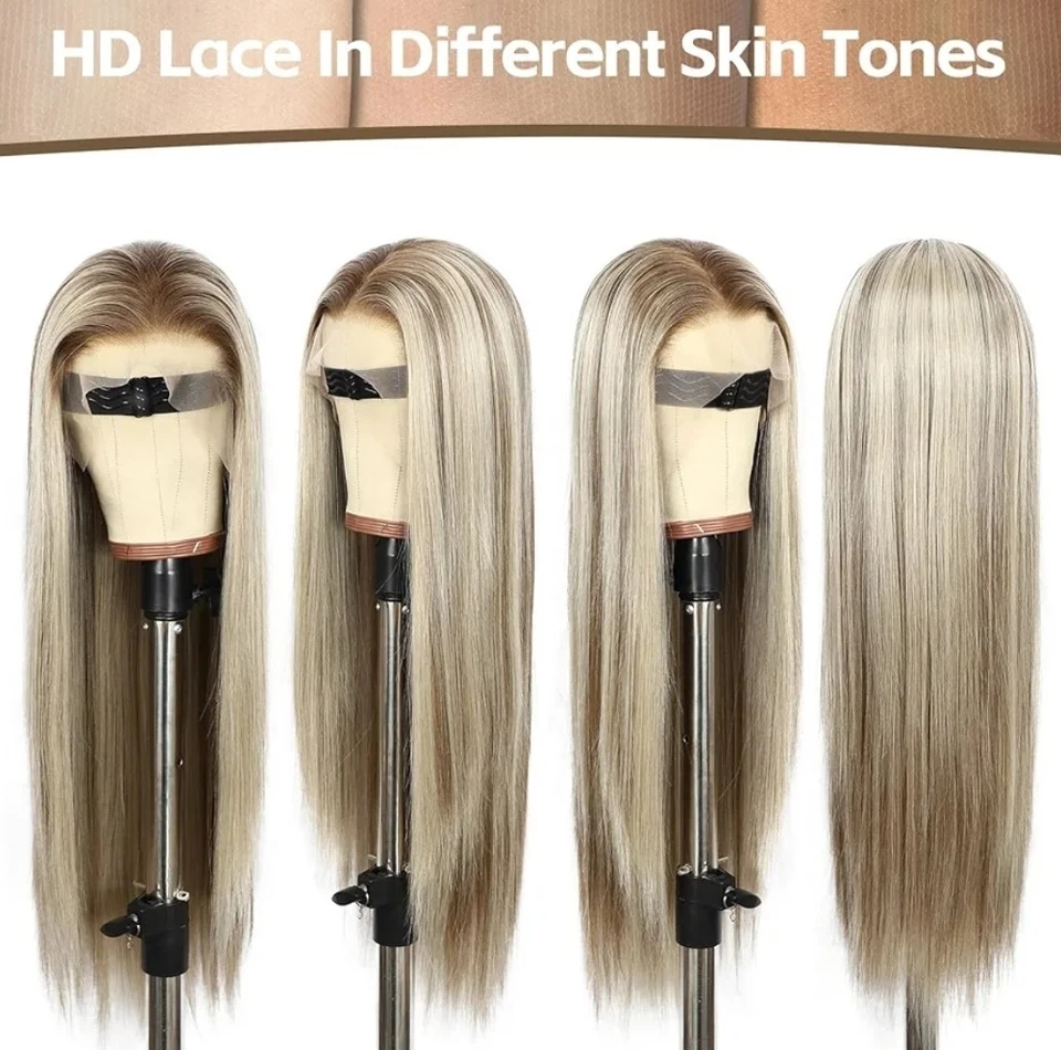 Peruca ombre loira marrom HD frente renda cabelo humano mistura destaques sem cola - Imagem 3 de 4