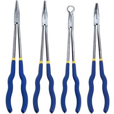 16-Inch Long Reach Pliers Set - Multi-purpose Straight & Bent Nose Pliers (4PCS)