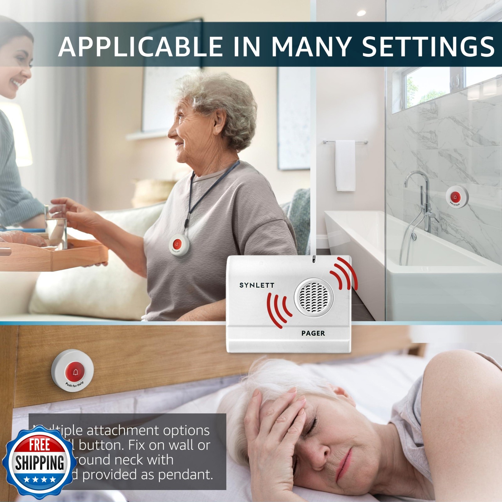 SYNLETT Caregiver Pager Wireless Call Buttons for Elderly Monitoring SOS Aler