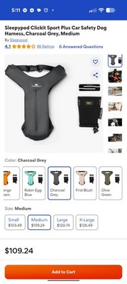 New! Sleepypod Clickit Sport Plus Car Safety Dog Harness - Charcoal - Medium